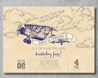 May include: A vintage-style invitation for a 1st birthday party with a blue airplane flying through clouds. The text reads "Aydyn is turning 1! Fly on over for some birthday fun!" with the date and time of the party listed below.