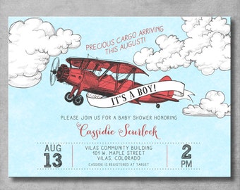 Vintage Airplane Baby Shower Invitation - Baby Boy Shower - Precious Cargo - Red - Birthday - Blue Sky - Printable - Digital - DIY - Invite