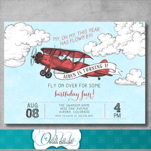 Vintage Airplane Invitation | First Birthday 1st | Retro | Birthday Party Invite |  Red Blue | Boy | Customizable | DIY Printable | Digital