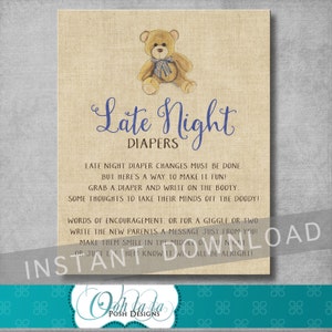 Vintage Teddybär Late Night Windeln Zeichen - 8x10 Zoll - Baby Duschspiel - Teddybär Dusche - Digital - Printable - INSTANT DOWNLOAD