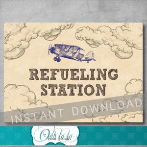 Placa de estação de reabastecimento - 5x7 polegadas - Chá de bebê de avião vintage - Aniversário - Placa de comida ou bebida - Digital - Para impressão - DOWNLOAD INSTANTÂNEO