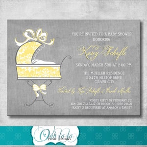 Vintage Baby Buggy Baby Shower Invito - Stampabile - Fai da te - Modello digitale - giallo e grigio
