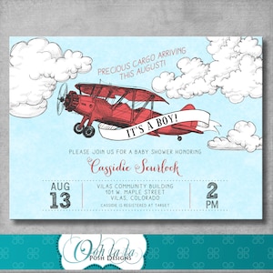 Vintage Airplane Baby Shower Invitation - Baby Boy Shower - Precious Cargo - Red - Birthday - Blue Sky - Printable - Digital - DIY - Invite