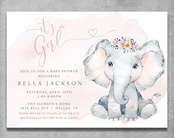 Elephant Baby Shower Invitation - It's a Girl - Watercolor Baby Elephant Invite - Digital Template - Printable - Do it Yourself - 5x7