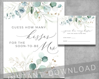 Cuántos besos para la futura tarjeta de juego Mrs Bridal Shower - Eucalipto - Acuarela Floral - DIY digital - Imprimible - DESCARGA INSTANTE