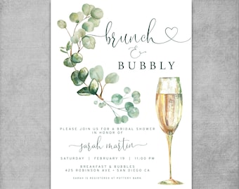 Bridal Brunch Invitation - Brunch & Bubbly Bridal Shower Invite - Champagne Wedding Shower - Greenery Eucalyptus - Printable Template  DIY