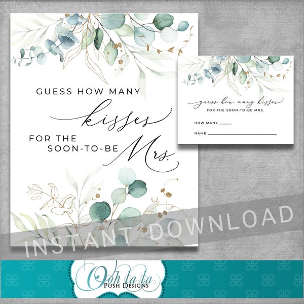 How Many Kisses for the Soon To Be Mrs Game Card Bridal Shower - Eucalyptus - Watercolor Floral - Digital DIY - Printable - INSTANT DOWNLOAD