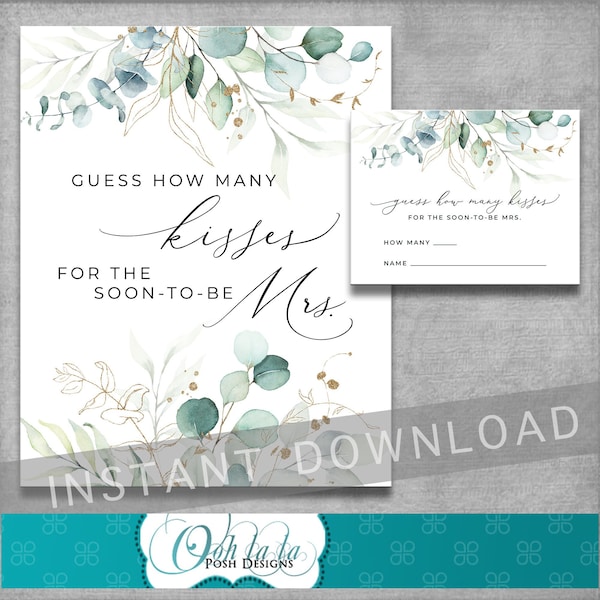 "How Many Kisses For The Soon-to-Be Mrs" Bridal Shower Game - 1 Sign & 30 Guess Cards, Floral White - View #2