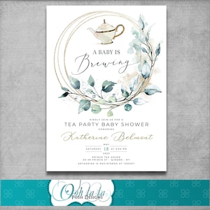 5x7 Eucalyptus Baby Shower Tea Party Invitation - Tea Party Invite - Baby is Brewing - Gold - Customizable - DIY Printable - Digital