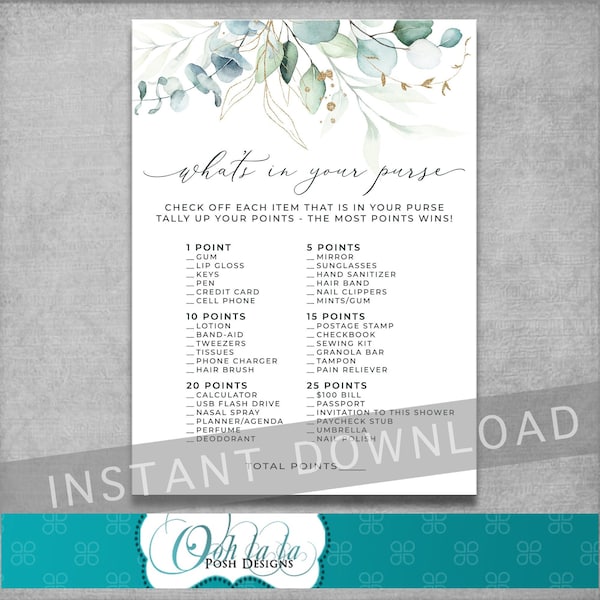 What's in Your Purse Game Bridal Shower - Eucalyptus Tea Party - Watercolor Floral - Digital DIY - Printable - 5x7 - INSTANT DOWNLOAD