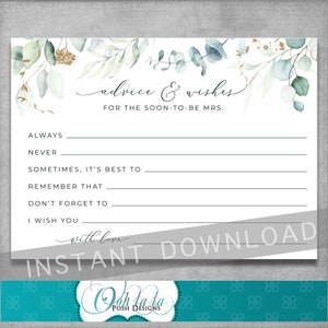 Advice and Wishes Card Bridal Shower - Eucalyptus Tea Party - Watercolor Floral - Digital DIY - Printable - 5x7 - INSTANT DOWNLOAD