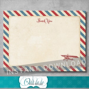 Vintage Airplane Thank You Card - Baby Shower - Birthday - 4 x 5.5 - Retro - Baby Boy Shower - Printable - DIY - Digital - INSTANT DOWNLOAD