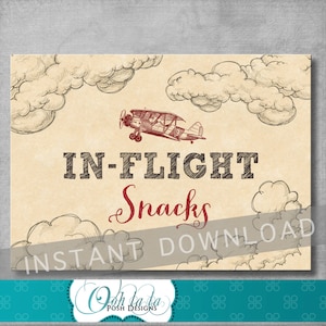 In Flight Snacks Sign - 5x7 inches - Vintage Airplane Birthday - Baby Shower - Food Sign - Baby Boy - Digital - Printable - INSTANT DOWNLOAD