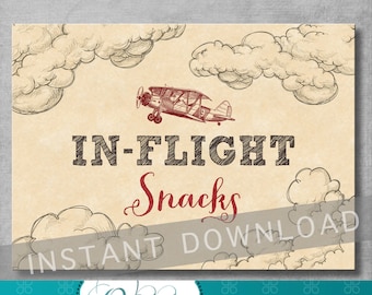 In Flight Snacks Sign - 5x7 inches - Vintage Airplane Birthday - Baby Shower - Food Sign - Baby Boy - Digital - Printable - INSTANT DOWNLOAD