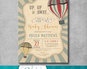 Vintage Hot Air Balloon Baby Shower Invitation - Up Up and Away - Gender Neutral - Red - Blue - Customizable - DIY Printable - Digital