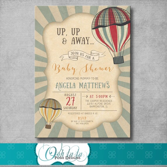 Vintage Burlap Girls Pink Hot Air Balloon Invitations Baby Shower