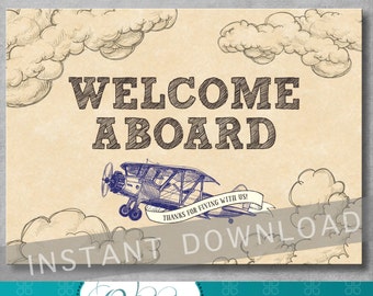 Welcome Sign - Welcome Aboard - Vintage Airplane Baby Shower - Birthday - Baby Boy - Blue - 5x7 - Digital - Printable - INSTANT DOWNLOAD