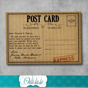 May include: A vintage-style postcard with a brown background and a black border. The text "POST CARD" is printed in black at the top of the card. The text "FOR CORRESPONDENCE" is printed in black below the word "CARD". The text "FOR ADDRESS ONLY" is printed in black below the word "CORRESPONDENCE". The text "STAMP" is printed in black in a rectangle at the top right corner of the card. The text "EXPRESS" is printed in red in a rectangle at the bottom right corner of the card. The text "Dear Friends & Family, We just wanted to send you a little note to update you with our new address! We're still getting settled in but would love for you to stop by for a visit & check out our new home! Love, Jenny, David, Blake & Katie Anderson" is printed in black in the center of the card.