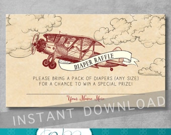 Vintage Airplane Baby Shower - Diaper Raffle Ticket Insert - DIY Printable - Airplane Theme - Red - Invitation Insert - INSTANT DOWNLOAD