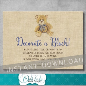 Decorate a Block Sign - Baby Shower Game - Vintage Teddy Bear Shower - Baby Block Game - 5x7 inches - Digital - Printable - INSTANT DOWNLOAD