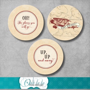 Vintage Airplane Cupcake Toppers - Birthday - Up Up and Away - Retro - Baby Boy - Red - Vintage Birthday - Printable DIY - INSTANT DOWNLOAD