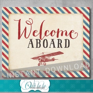 Welcome Aboard Sign - Vintage Airplane Baby Shower - Birthday - Baby Boy - Decoration - 8x10 inches - Digital - Printable - INSTANT DOWNLOAD