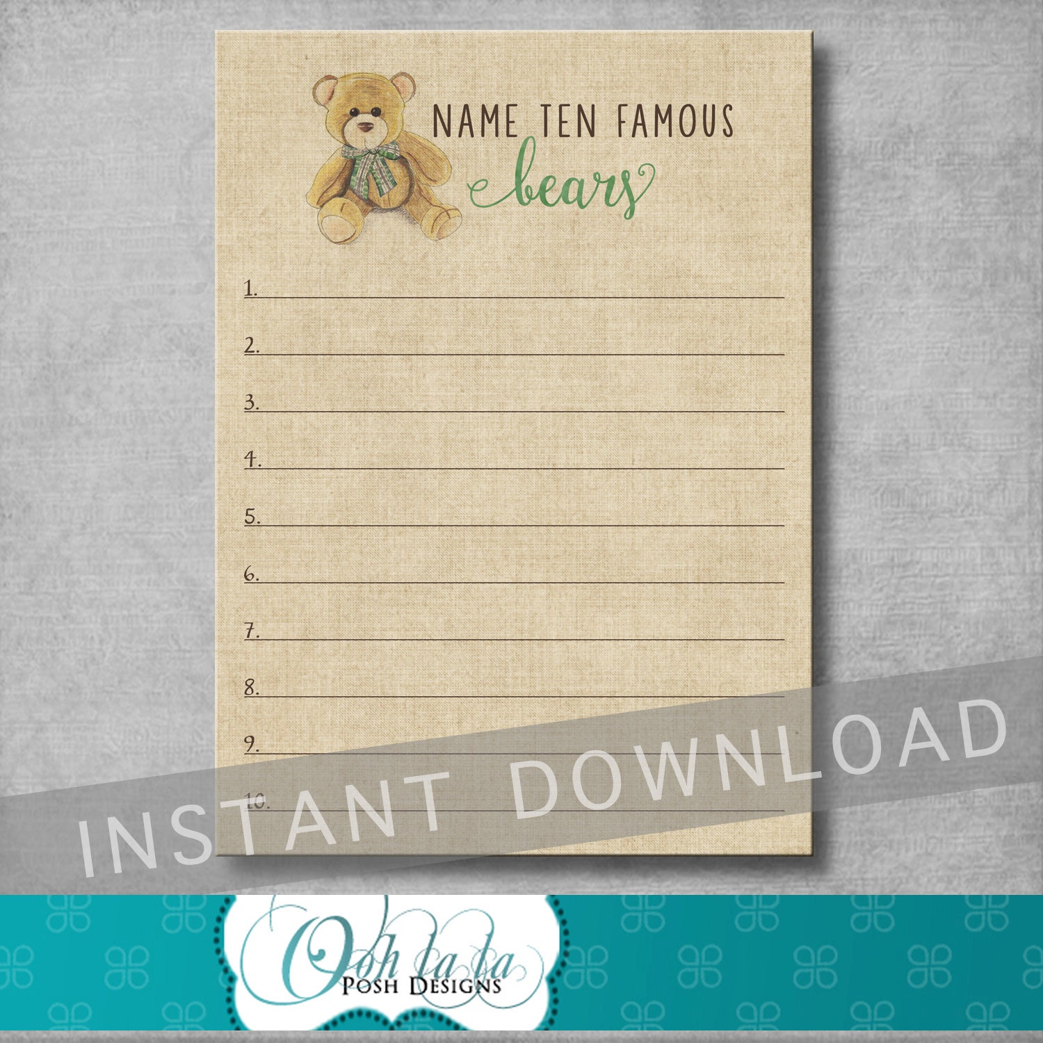 Famous Bear Name Game - 5x7 inches - Baby Shower Game - Teddy Bear Party - Green Brown Burlap - DIY - Digital - Printable - INSTANT DOWNLOAD