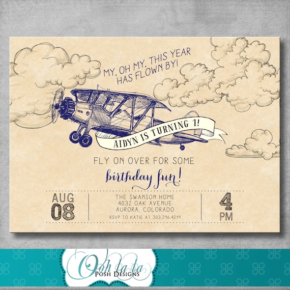 Vintage Airplane Invitation | First Birthday 1st | Retro | Birthday Party Invite |  Navy Blue | Boy | Customizable | DIY Printable | Digital