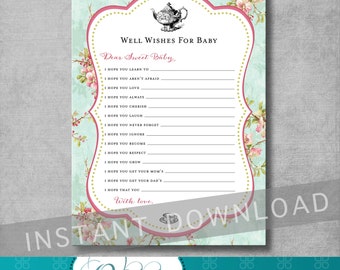Baby Well Wishes Card - Baby Shower Tea Party - Shabby Chic - Vintage - Baby Shower Game - DIY - Printable - INSTANT DOWNLOAD