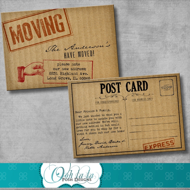 May include: A vintage-style postcard with a brown background and red text. The postcard says "Moving" and "The Anderson's Have Moved!" with a new address. The postcard also says "Post Card" and "Express".