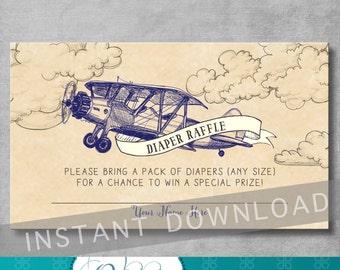 Vintage Airplane Baby Shower - Diaper Raffle Ticket Insert - DIY Printable - Airplane Theme - Blue - Invitation Insert - INSTANT DOWNLOAD