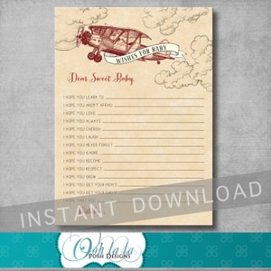 Vintage Airplane Well Wishes for Baby Card - Retro - Baby Shower Game - Red - Baby Boy - Airplane Shower - DIY Printable - INSTANT DOWNLOAD