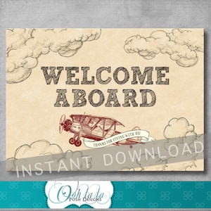 Welcome Sign - Vintage Airplane Baby Shower - Birthday - Baby Boy - Decoration - 5x7 inches - Digital - Printable - INSTANT DOWNLOAD