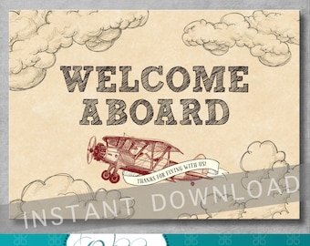 Welcome Sign - Vintage Airplane Baby Shower - Birthday - Baby Boy - Decoration - 5x7 inches - Digital - Printable - INSTANT DOWNLOAD