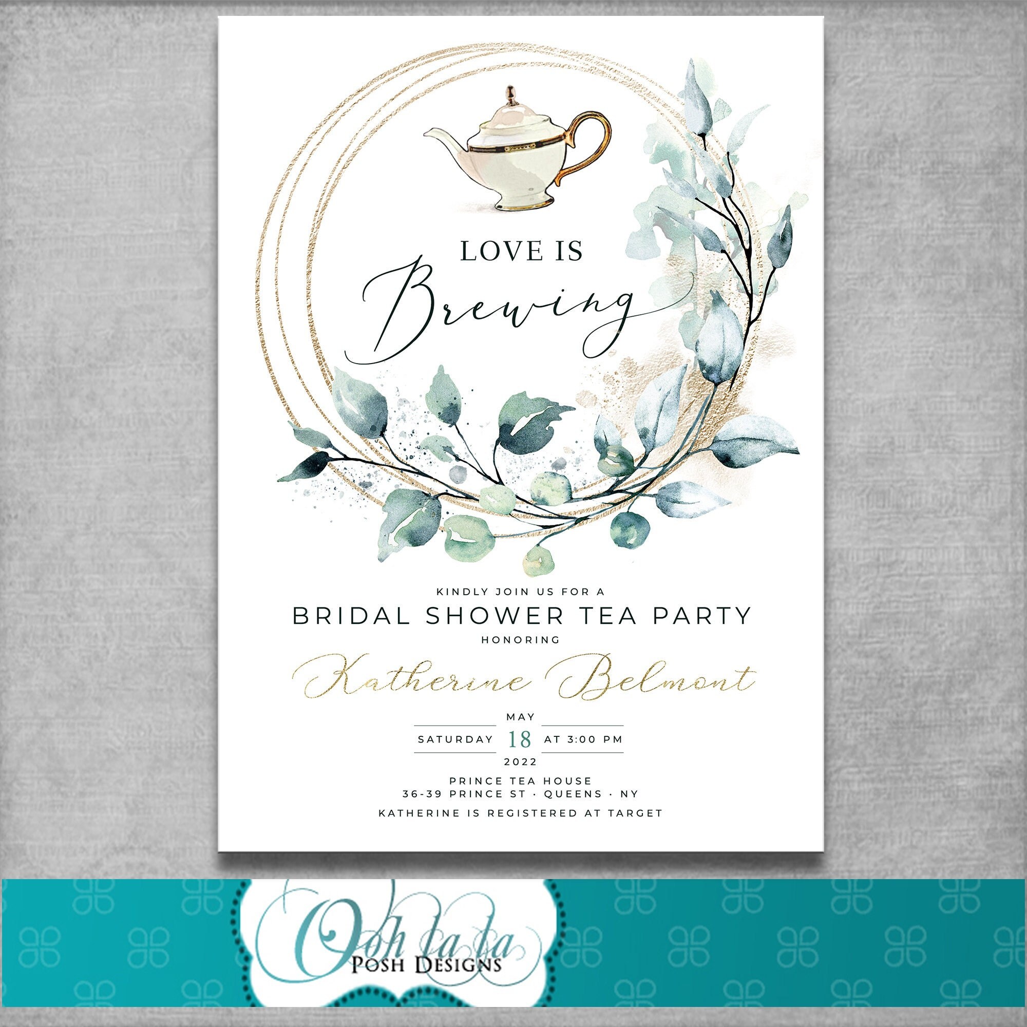 5x7 Bridal Shower Tea Party Invitation Bridal Tea Invite Love is Brewing Greenery Eucalyptus Customizable Digital Template