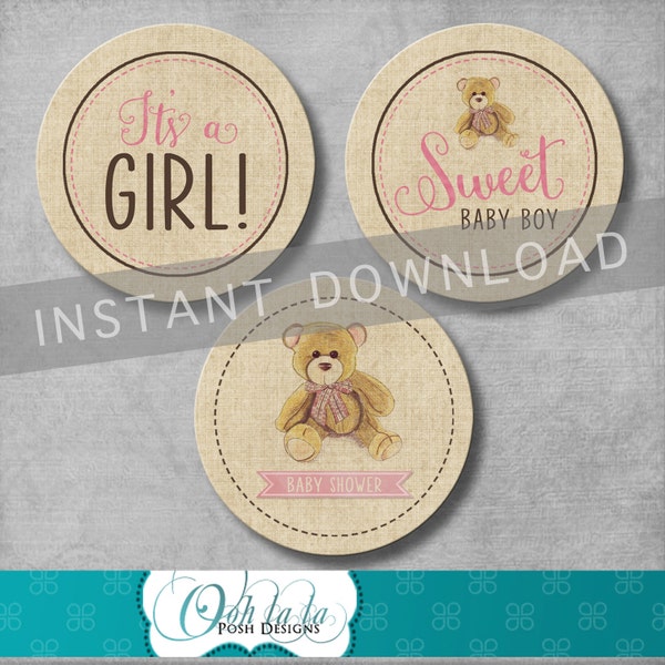 Vintage Teddy Bear Cupcake Toppers - Teddy Bear Party - It's a Girl - Baby Shower - Baby Girl - Tag - Digital - Printable - INSTANT DOWNOAD