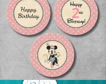 Vintage Minnie Mouse Birthday Cupcake Toppers - 2.5 x 2.5 inch - 2nd Second Birthday - Minnie Mouse Party - Printable - INSTANT DOWNLOAD