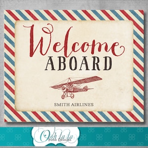 Personalized Welcome Aboard Sign - Vintage Airplane Party - Birthday - Party Printables - Airplane Decor -Red Blue - 8x10 inches - Digital