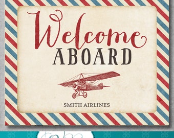 Personalized Welcome Aboard Sign - Vintage Airplane Party - Birthday - Party Printables - Airplane Decor -Red Blue - 8x10 inches - Digital