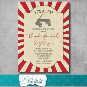 May include: A red and white striped baby shower invitation with a vintage wagon illustration. The invitation reads "It's a Boy!" and includes the names "Cassidie Scurlock" and "Baby Tripp". The date and time of the shower are listed as "Saturday, June 6th, 2015, Two O'Clock in the Afternoon". The location is listed as "Vilas Community Building, 101 W Maple Street, Vilas, Colorado". The invitation also includes the text "Cassidie is registered at: Buy Buy Baby & Target".