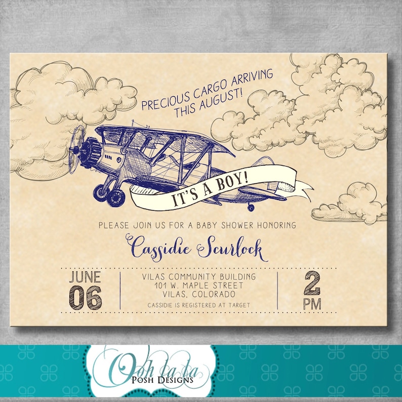 vintage Airplane Baby Shower Invitation Precious Cargo Bleu Marine Baby Boy Shower Anniversaire Imprimable Numérique DIY Inviter image 1