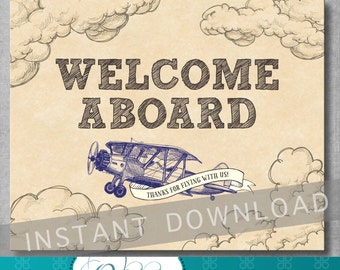 Welcome Sign - 8x10 inches - Vintage Airplane Baby Shower - Birthday - Baby Boy - Decoration - Blue - Digital - Printable - INSTANT DOWNLOAD