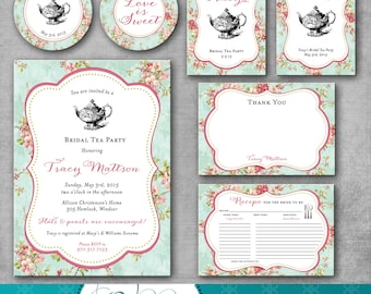 Bridal Shower 6 piece Suite - Bridal Tea Party - Vintage - Shabby Chic - Tea Party Package - Tea Party Invitation - DIY Printable - Digital