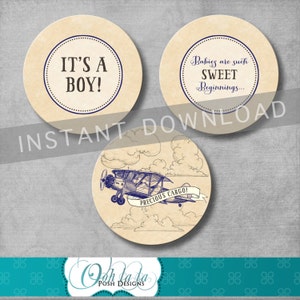 Vintage Airplane Cupcake Toppers - Precious Cargo - Baby Shower - Retro - Baby Boy - Navy Blue - Vintage - Printable DIY - INSTANT DOWNLOAD