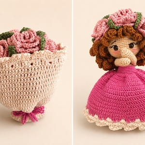 May include: Two crochet items: a bouquet of pink roses with green leaves in a beige basket and a doll with a pink dress and a rose-covered head. The doll has brown curly hair, a beige nose, and a beige face.