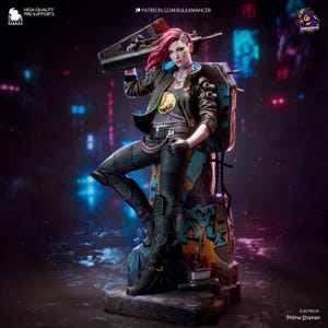 May include: A detailed resin figurine of a character with vibrant pink hair, wearing a dark jacket, a graphic t-shirt, and black pants. The figure holds a large futuristic rifle over one shoulder and leans against a graffiti-covered concrete block.