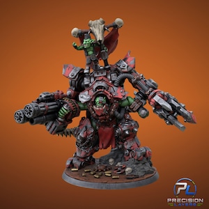 May include: A painted miniature figure of a green-skinned orc pilot inside a large, red and metallic mechanical suit. The suit features a multi-barrelled cannon on one arm and a claw on the other. A smaller green goblin stands on top of the suit.