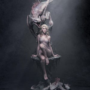 May include: A fantasy sculpture featuring a woman in a sheer dress seated on a rocky outcrop, with a large, winged creature behind her. A smaller creature rests below. The color palette is muted, with shades of gray and purple.