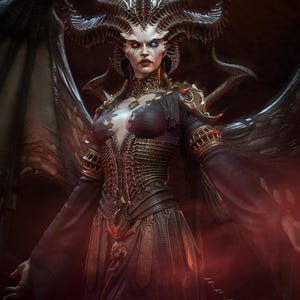 May include: A detailed figurine of a horned entity with large wings, pale skin, and heterochromatic eyes. The figure wears an intricate dark bodice with gold-toned metallic accents, a high collar, and a flowing dark skirt, set against a dark background.