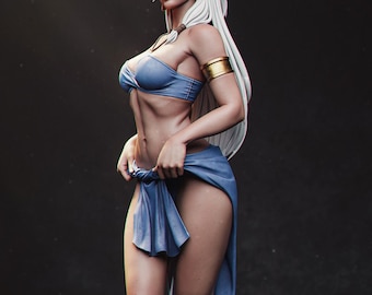 May include: A 3D rendered figure of a woman with long white hair, wearing a blue bikini top, a matching sarong, and gold arm cuffs. The figure is posed against a dark, textured background, with soft lighting.